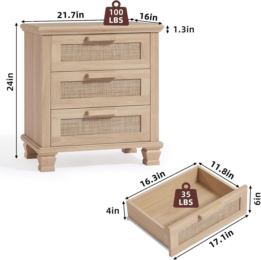 Wood nightstand with three drawers and woven fronts; open-drawer corner view