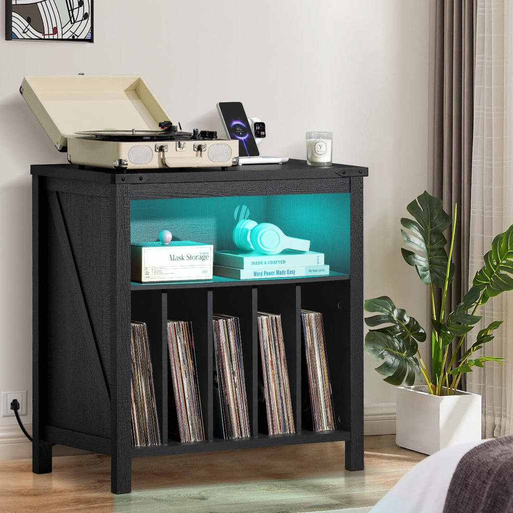 Black record player stand with blue LED interior and vinyl record storage shelves