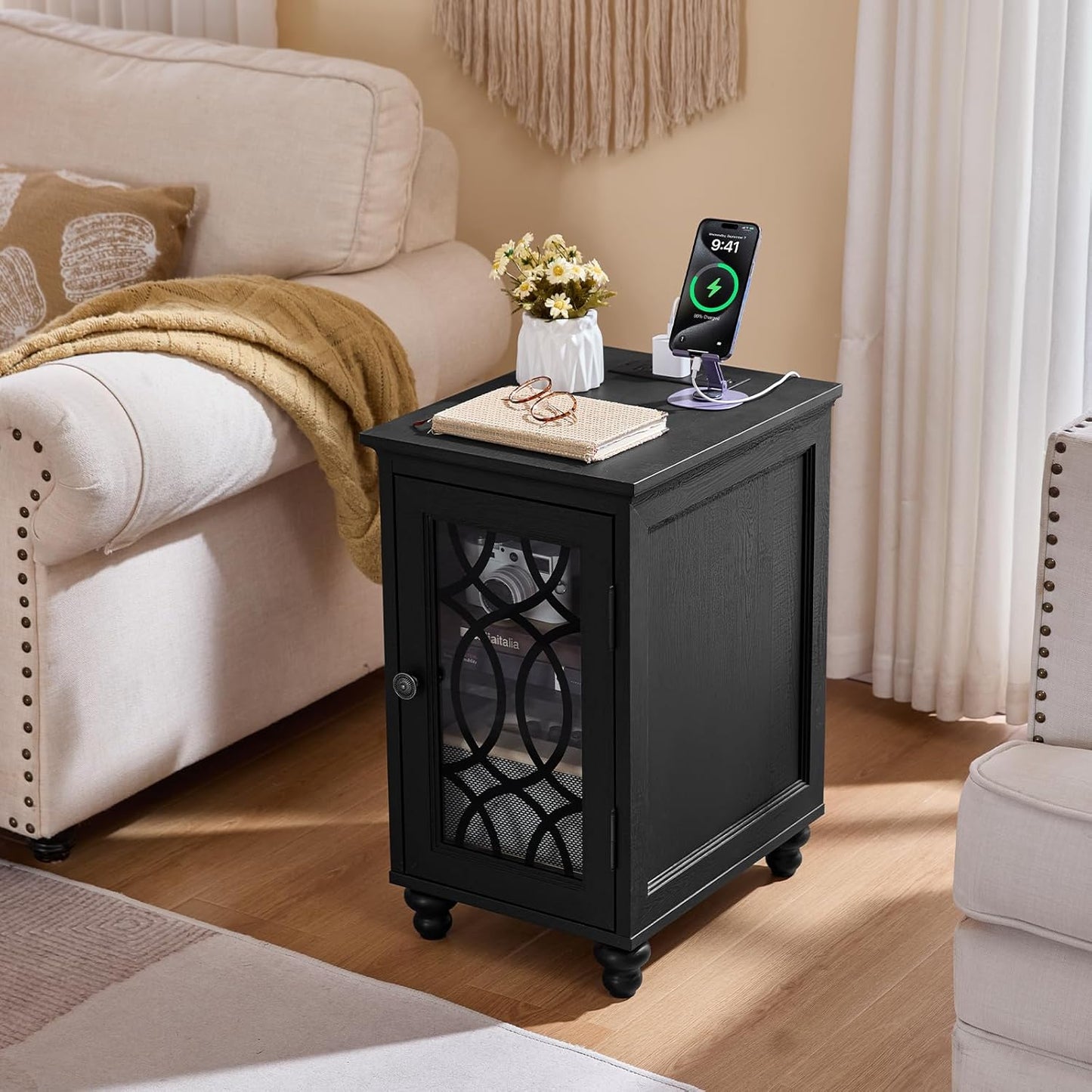 Narrow Side Table with Charging Station, Night Stand with Glass Door, Bedside End Tables with Adjustable Shelf Storage Cabinet,Wood Nightstand for Small Spaces Living Room Bedroom