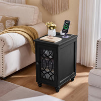Narrow Side Table with Charging Station, Night Stand with Glass Door, Bedside End Tables with Adjustable Shelf Storage Cabinet,Wood Nightstand for Small Spaces Living Room Bedroom