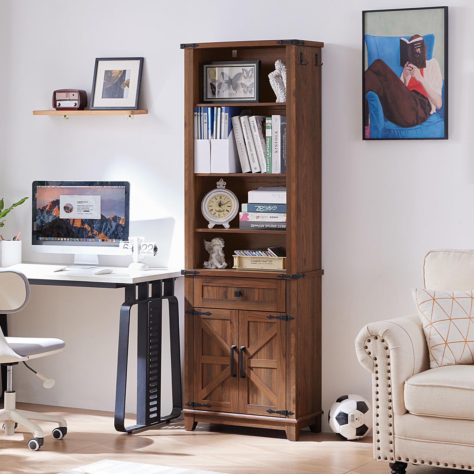 Brown wood bookcase cabinet with open top shelves and two-door drawer unit