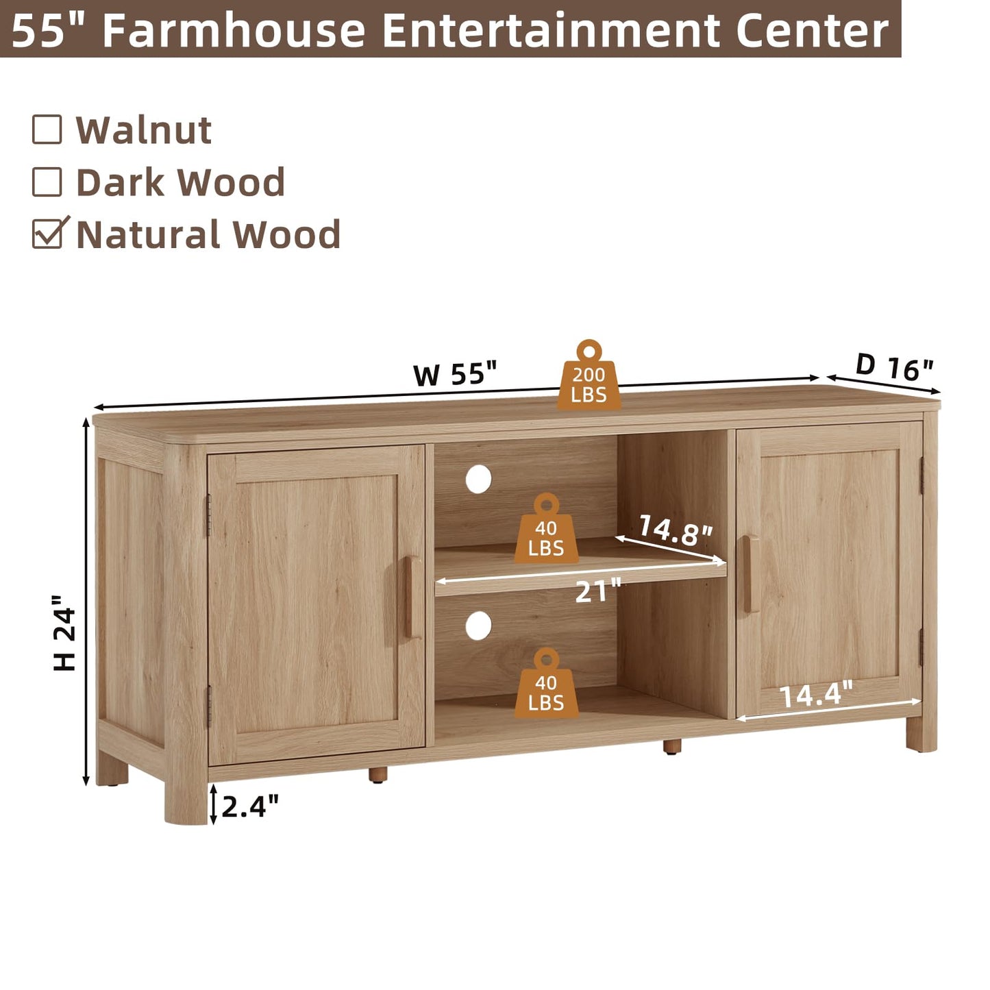 Joaxswe Farmhouse 55" Tv Stand Up for 65 in TV,Tv Consoles for Living Room | Adjustable Shelves Entertainment Center, 2 Door Storage, Rustic Wooden Veneer, Media Console Cabinet for TVs