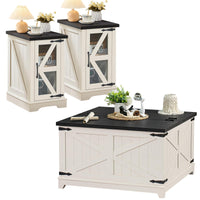Farmhouse side table with glass barn door, white finish, and x-pattern cabinet doors