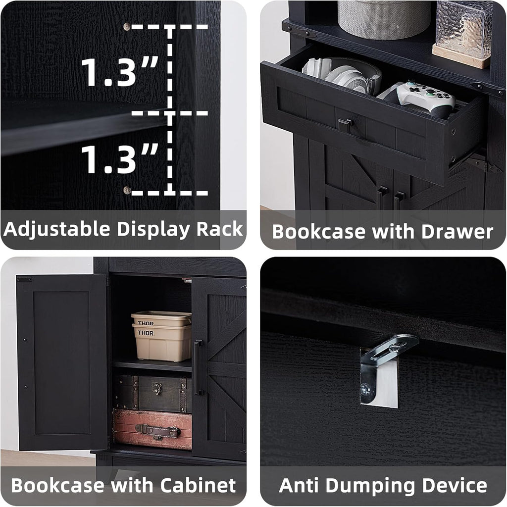 72in Tall Bookshelf 7 Tier Bookcase with Drawer and Barn Doors and Adjustable Shelves, Black Farmhouse Book Shelf with Storage Cabinet, Wood Freestanding Display Bookshelves for Living Room