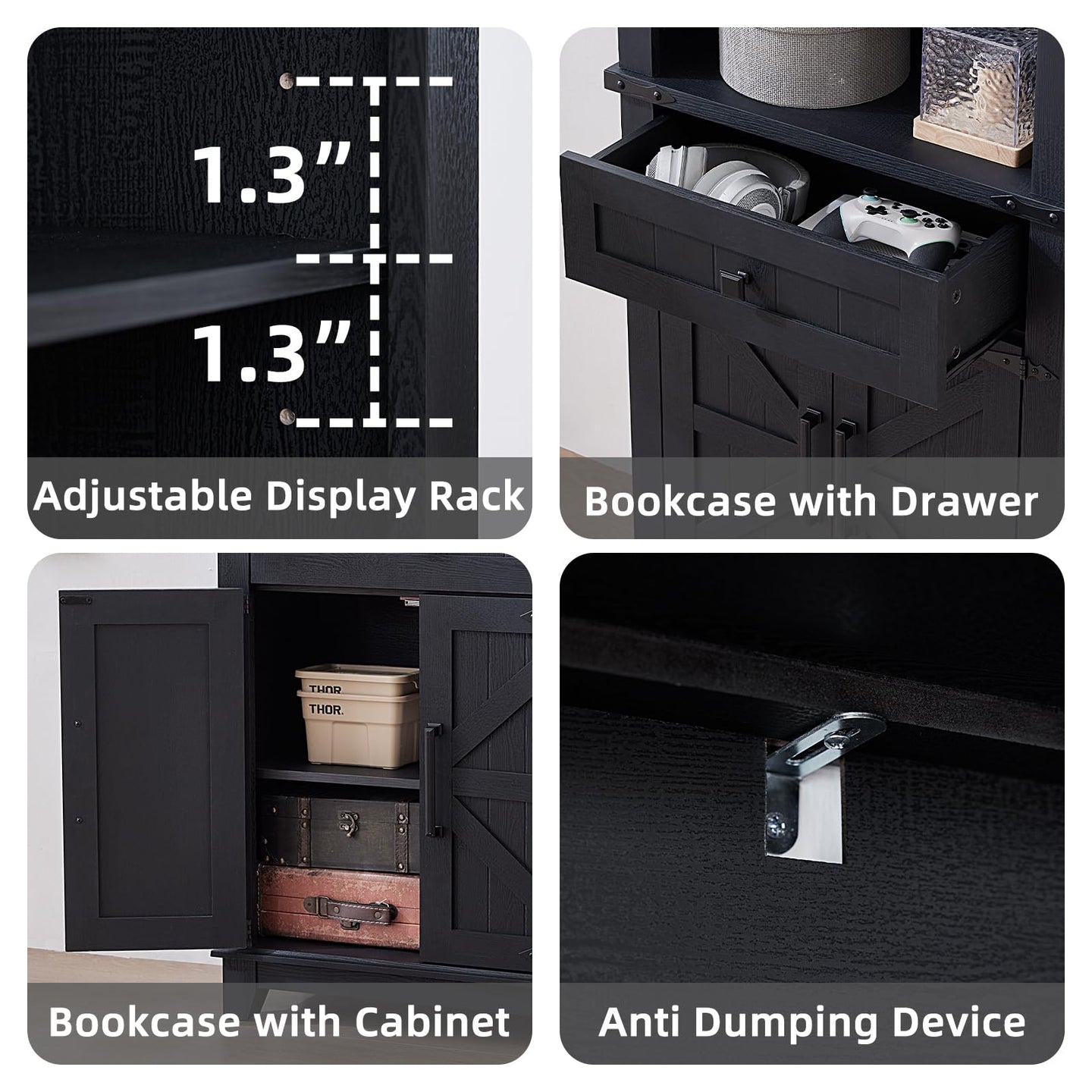 Black bookcase detail views: adjustable display rack, drawer, cabinet, and anti-dumping device