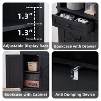 Black bookcase detail views: adjustable display rack, drawer, cabinet, and anti-dumping device