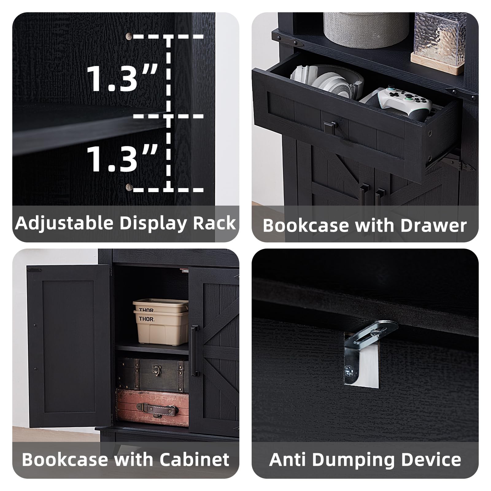 Black bookcase with adjustable shelf rack and storage drawer with cabinet doors
