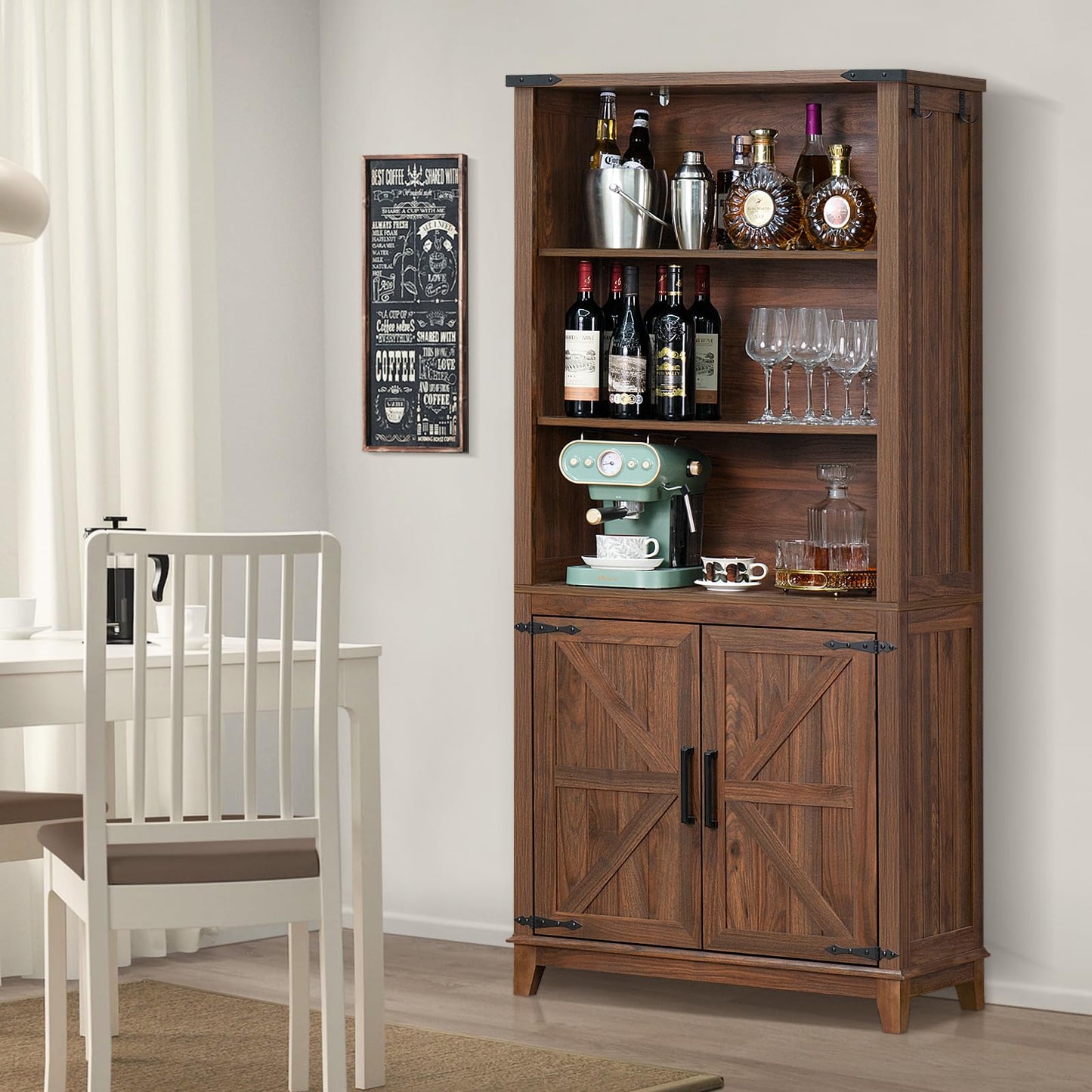 Joaxswe 70in Tall Bookshelf 5 Tier Bookcase with Barn Doors and Adjustable Shelves, Blue Farmhouse Book Shelf with Storage Cabinet, Wood Freestanding Display Bookshelves for Bedroom, Living Room