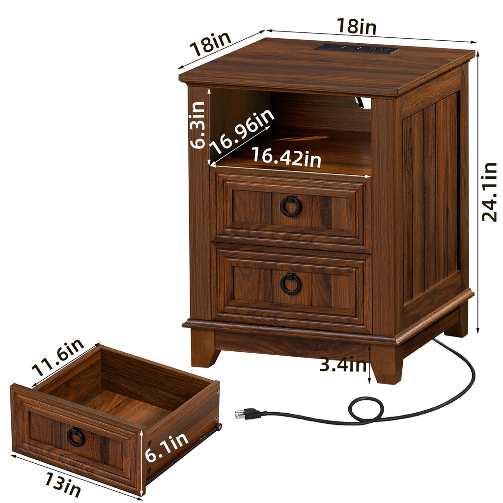 Brown 3-drawer nightstand with labeled dimensions and drawer openings