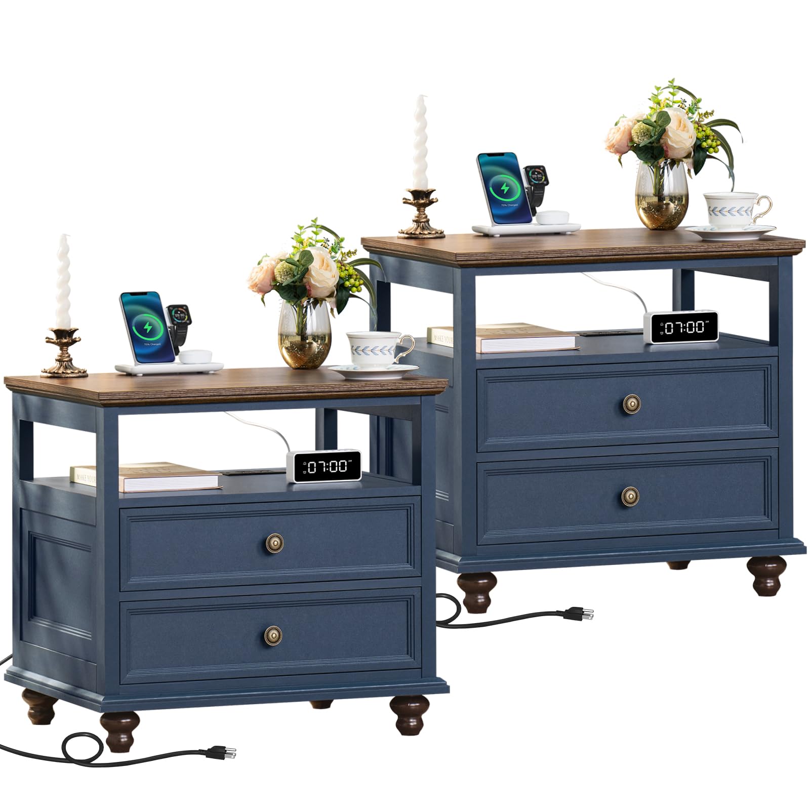 Farmhouse 54" 7 Drawers Dresser for Bedroom, Wide Chest of Drawers w/ 4 Wooden Legs, Vintage Rustic Large Closet Storage Dressers Organizer for Hallway, Wood TV Stand for Living Room, Blue
