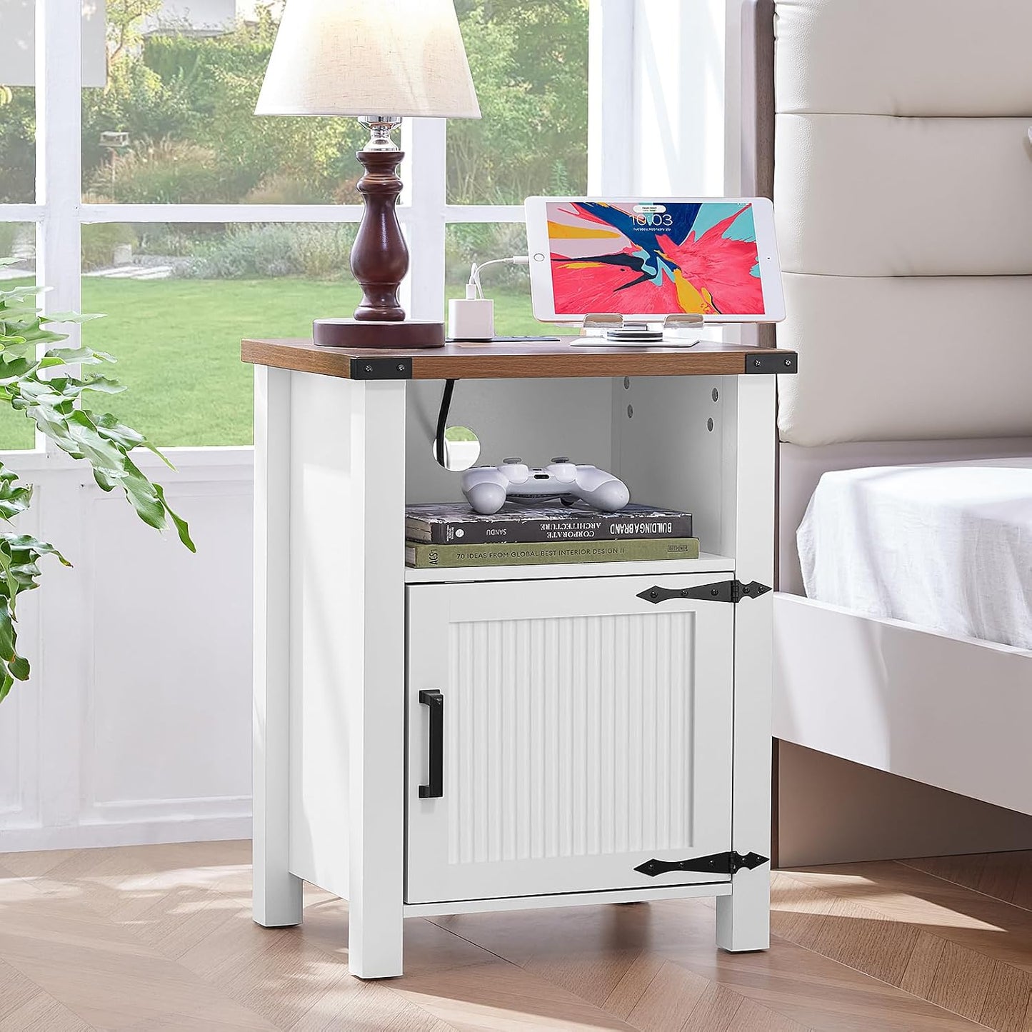 Joaxswe 18-Inch Nightstand with Charging Station and Fluted Door,Dark Blue | 18-inch bedside table with AC and USB charging, open storage and a magnetic fluted door for bedroom essentials