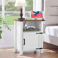 Joaxswe 18-Inch Nightstand with Charging Station and Fluted Door,Dark Blue | 18-inch bedside table with AC and USB charging, open storage and a magnetic fluted door for bedroom essentials
