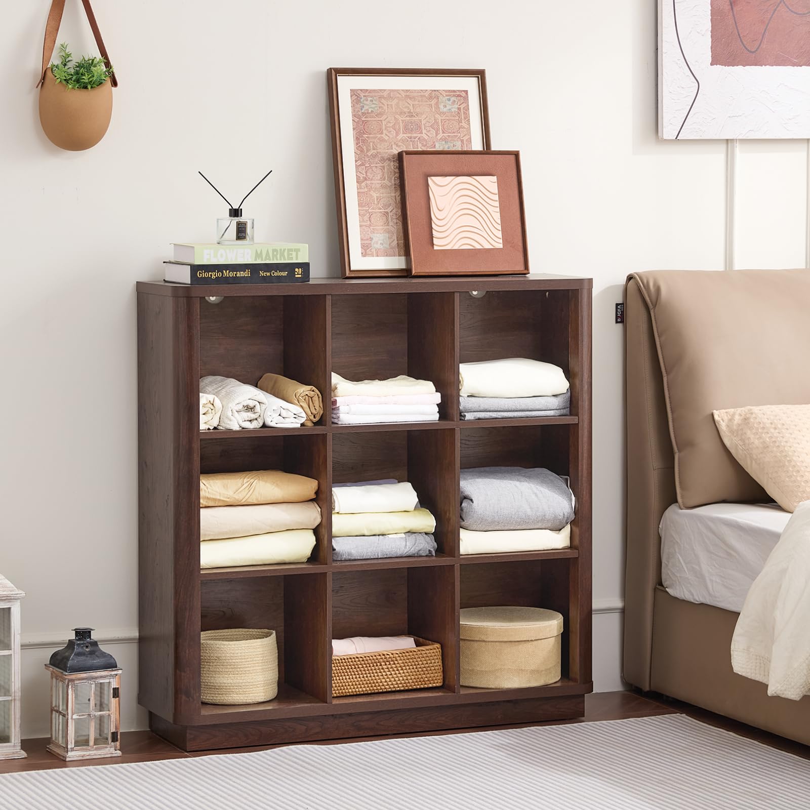 Wooden cube storage book shelf with cubbies for folded items and shelves