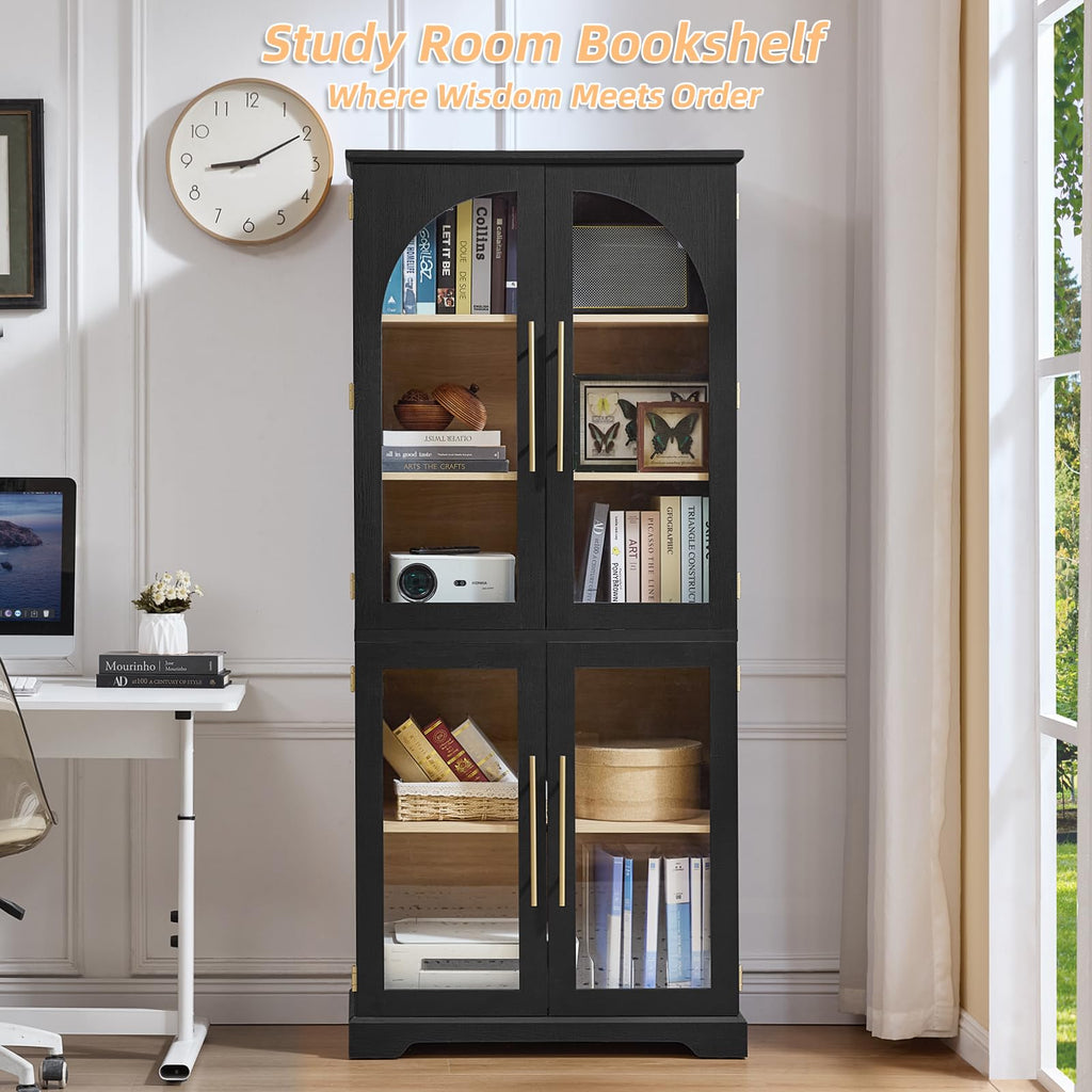 Tall bookshelf cabinet in black with 4 curved glass doors and multiple interior shelf spaces