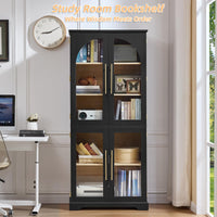 Tall bookshelf cabinet in black with 4 curved glass doors and multiple interior shelf spaces