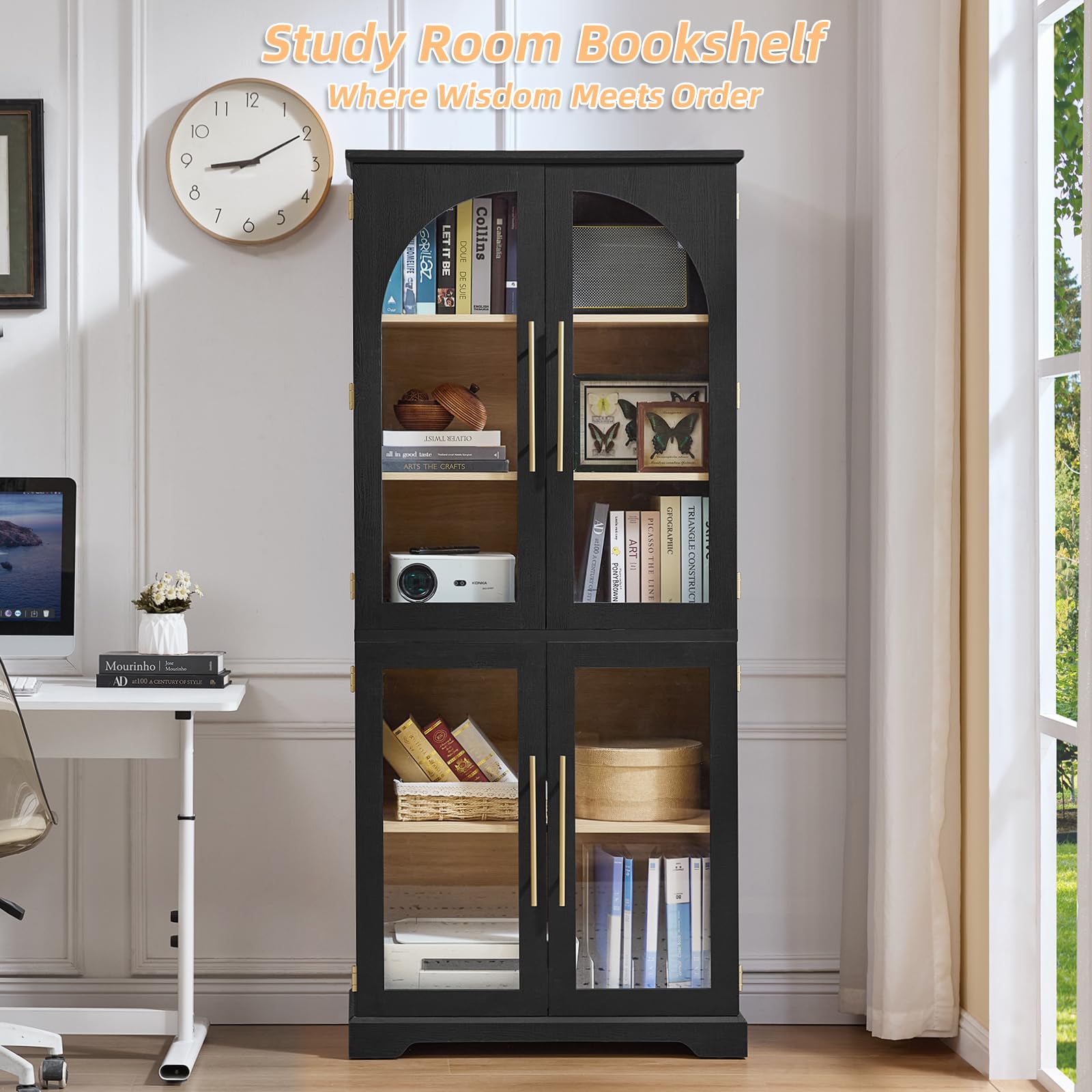 Tall bookshelf cabinet in black with 4 curved glass doors and multiple interior shelf spaces