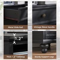Black nightstand drawer with metal slide rail, vintage knob, and turned support legs
