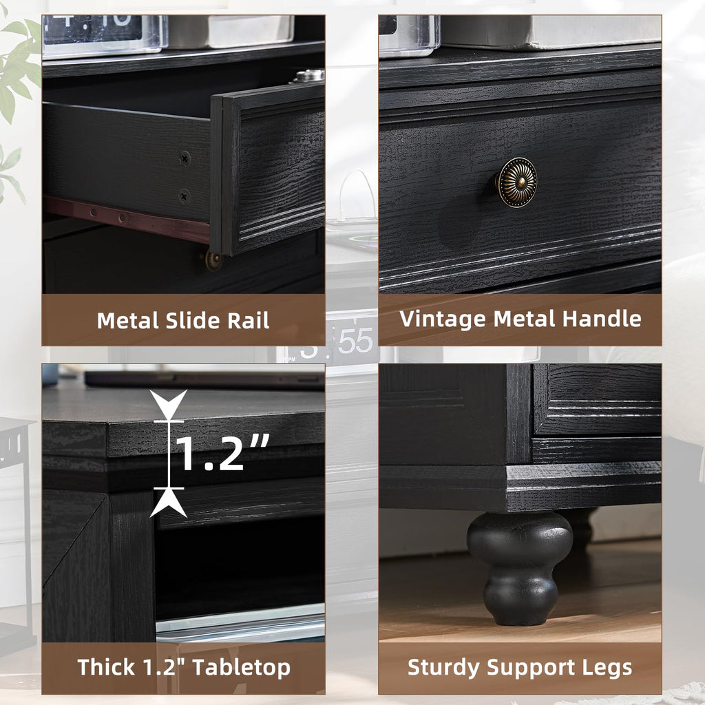 Black dresser drawer with vintage metal handle, metal slide rails, and bun feet