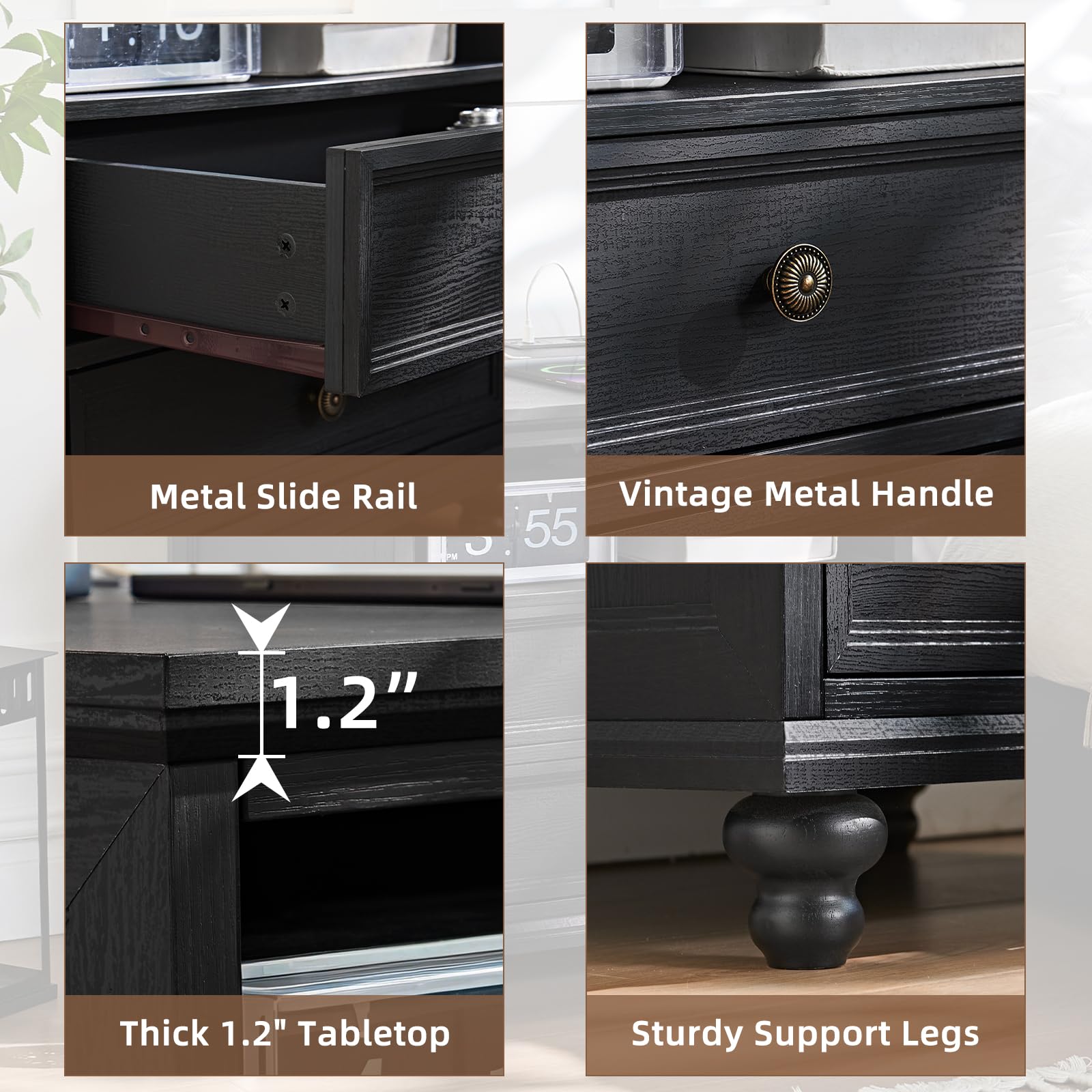 Black dresser drawer with vintage metal handle, metal slide rails, and bun feet