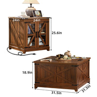 Warm wood 3-piece coffee table set with cabinet-style doors and storage base