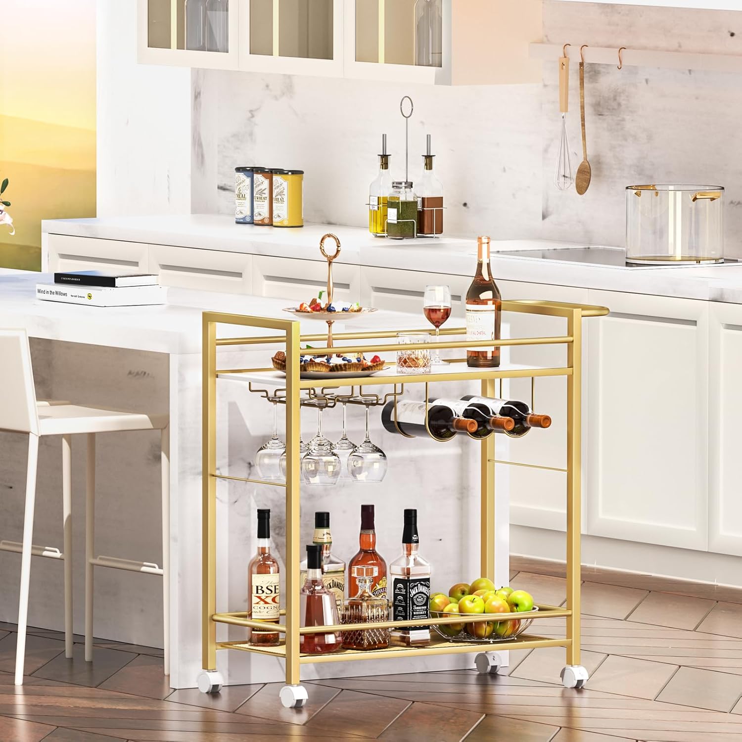 Gold rolling 2-tier bar cart with wine rack, hanging glassware, and bottle storage shelves.