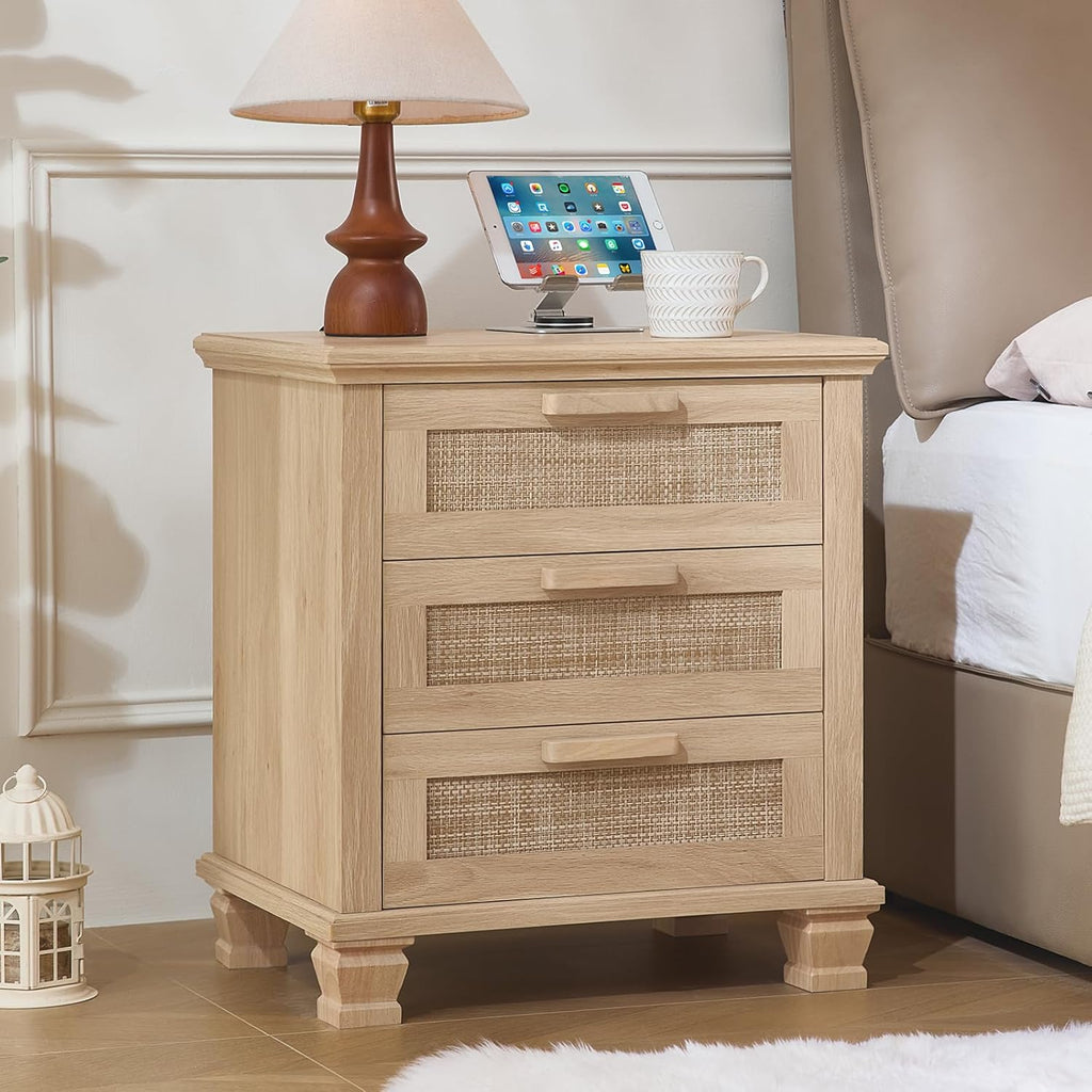Wood bedside nightstand with three drawers and woven rattan drawer fronts