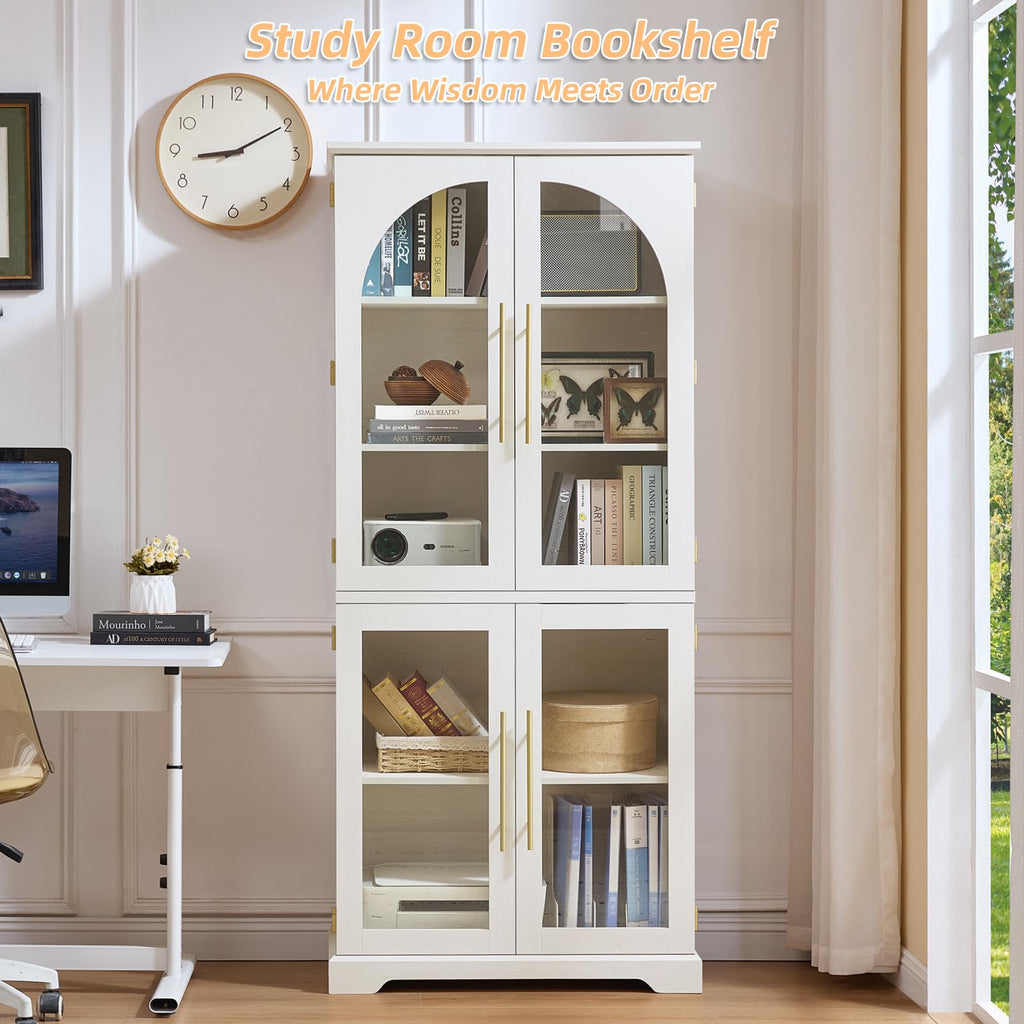 White display cabinet with curved glass doors and adjustable shelves, open front