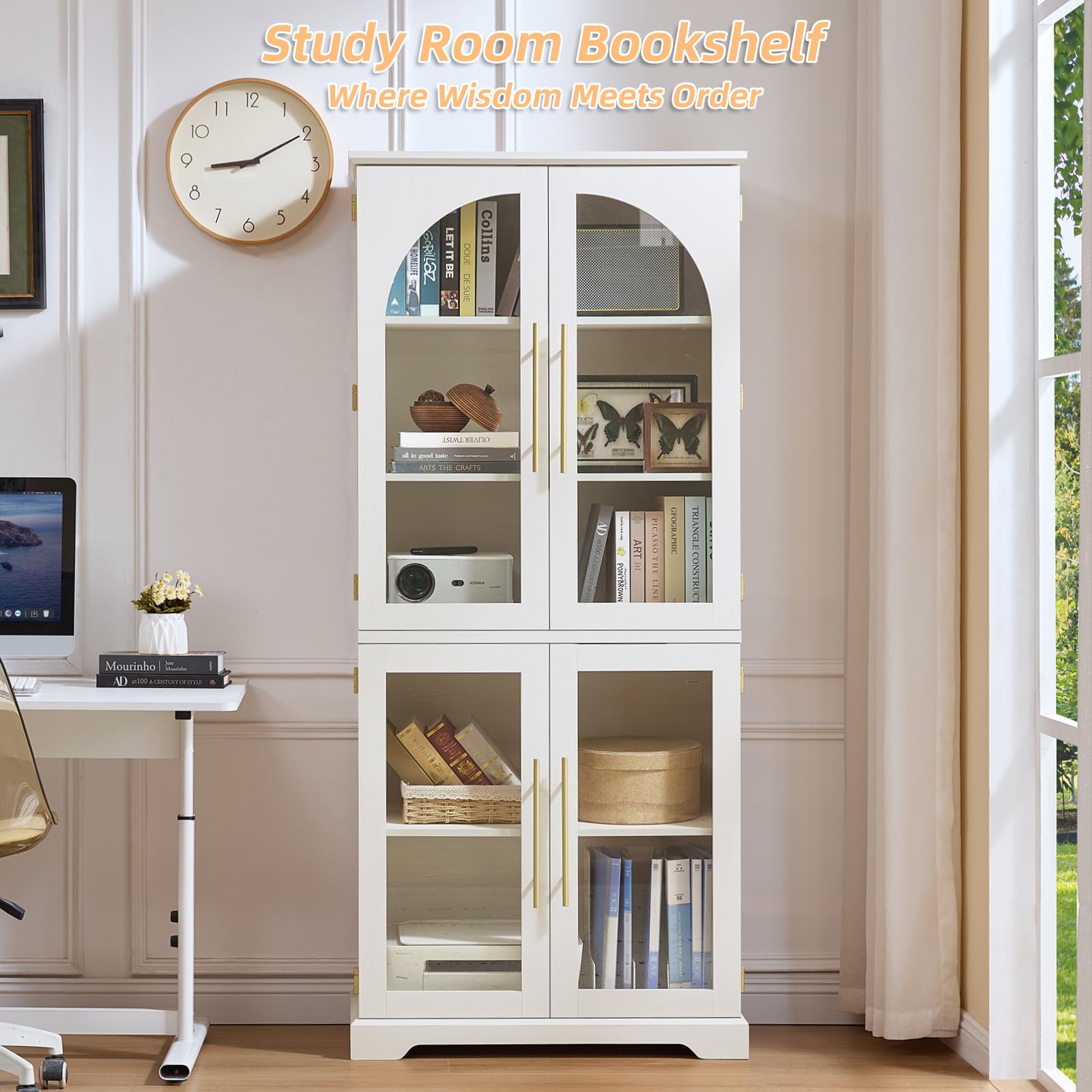 White display cabinet with curved glass doors and adjustable shelves, open front