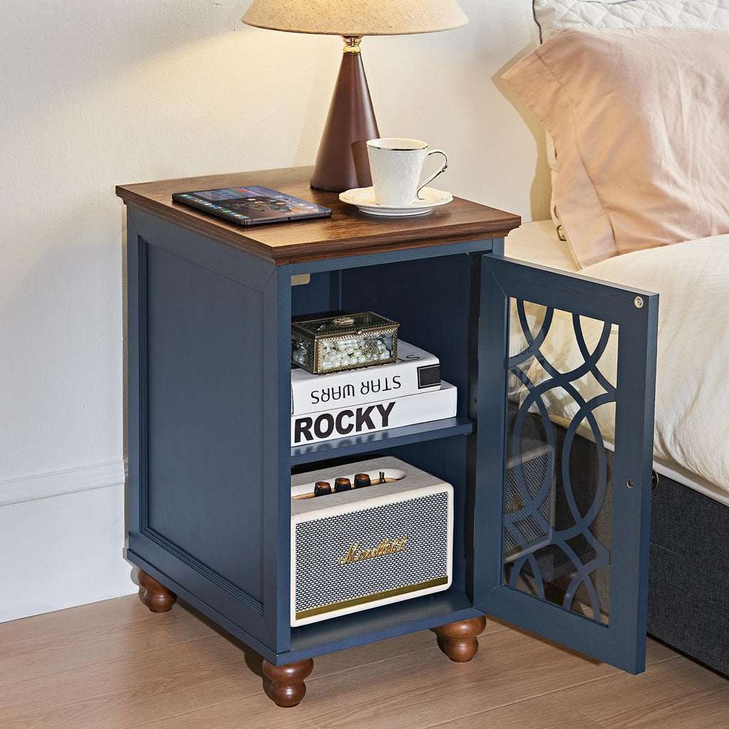 Narrow bedside table with open storage cabinet, decorative glass door, wood top.