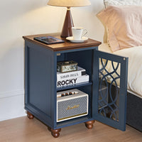 Narrow bedside table with open storage cabinet, decorative glass door, wood top.