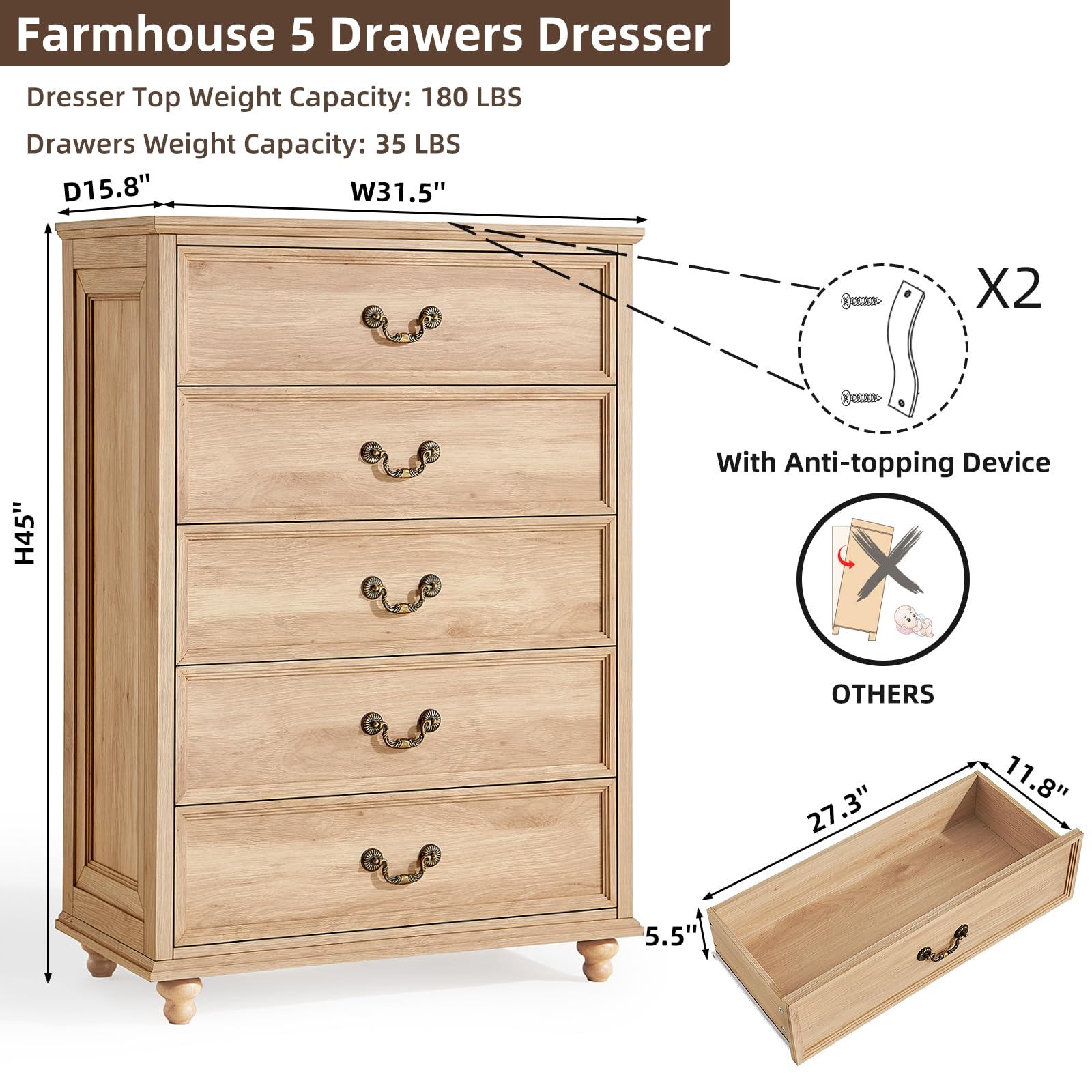 Light wood dresser with five drawers, curved metal pulls, and four solid wood feet