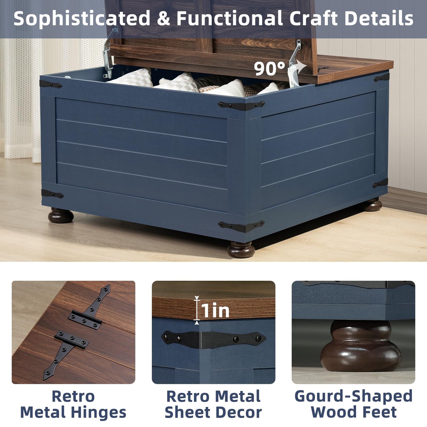 Blue lift-top coffee table with flip lid open 90 degrees and gourd-shaped feet