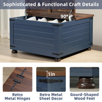 Blue lift-top coffee table with flip lid open 90 degrees and gourd-shaped feet