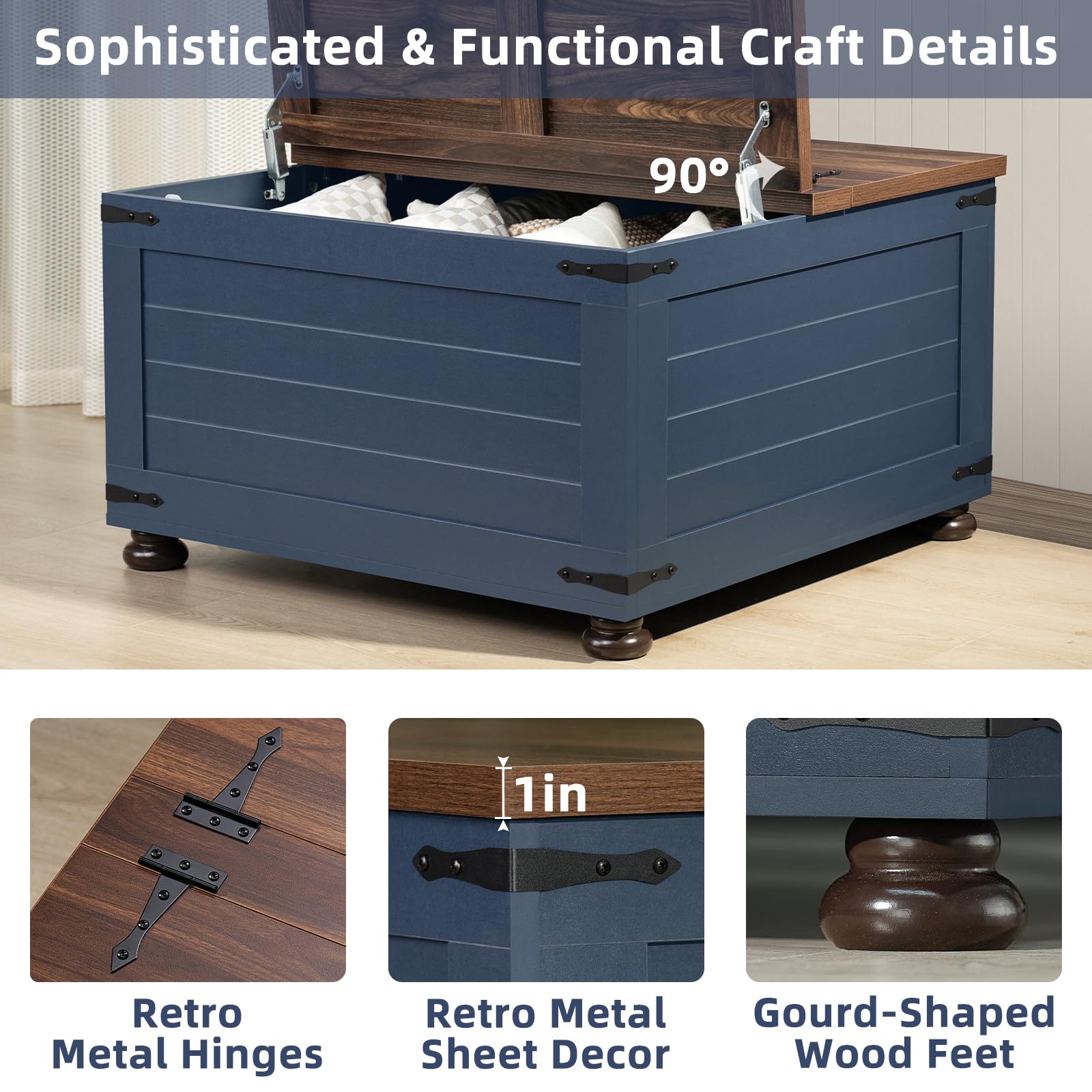 Square lift-top storage coffee table with metal hinge details, dark blue base and wood lid