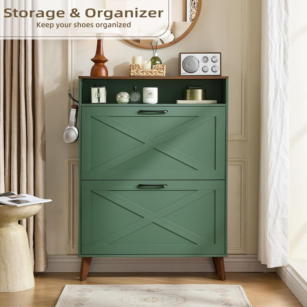 Green shoe storage cabinet with two flip drawers and open display top rack