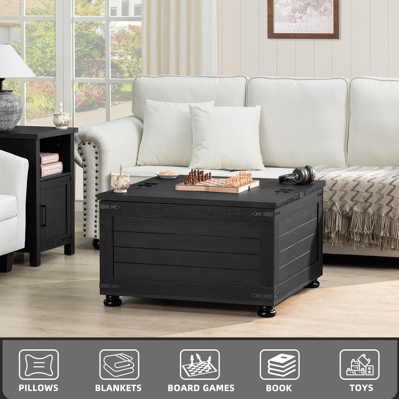 Lift-top coffee table with hidden storage, open lid, dark wood construction and feet
