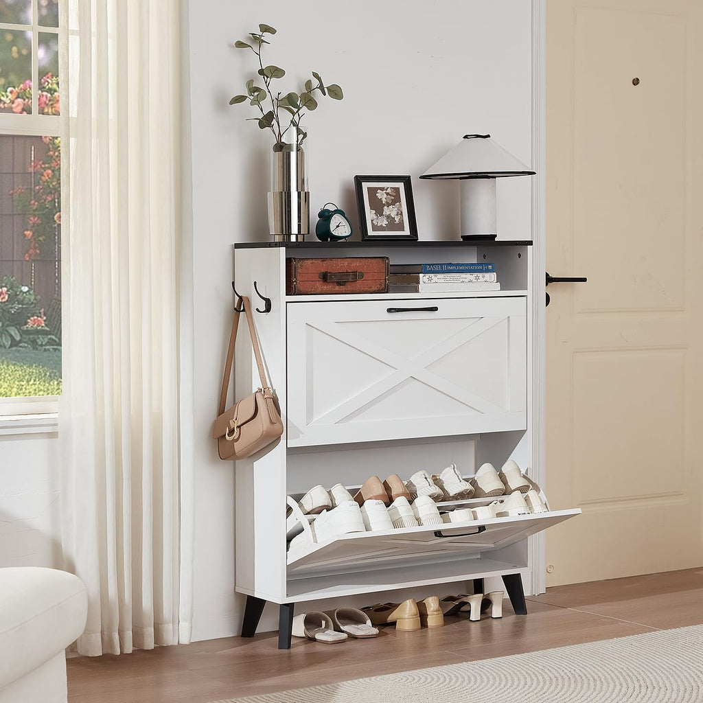 White shoe storage cabinet with flip drawer open, showing shoes on rack