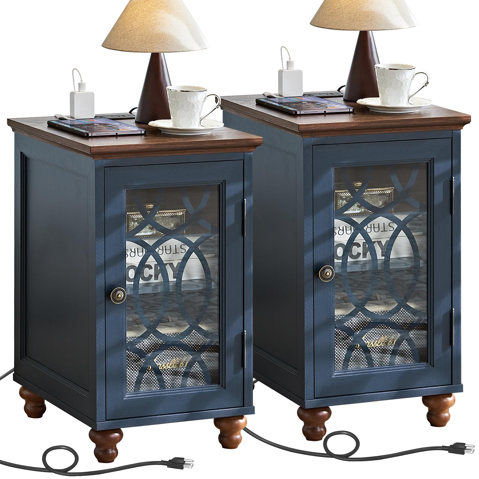 Navy blue bedside end table set with glass cabinet doors and charging cords at base