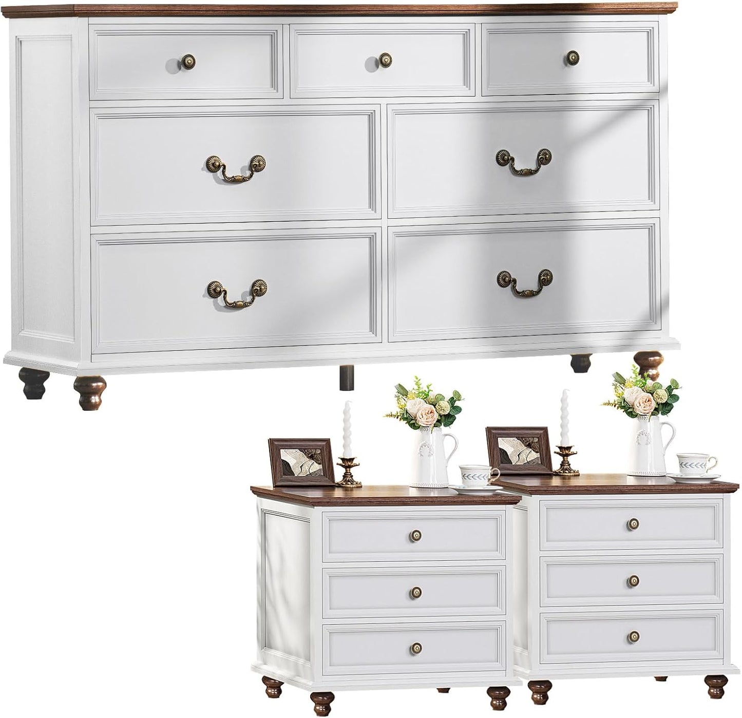 Joaxswe Farmhouse Dresser and Nightstand Sets 3 Piece, Nightstands Set of 2 and 7 Drawers Dresser for Bedroom, 54" Wide and 24" Inch Night Stand Set for Bedroom, Living Room, Hallway
