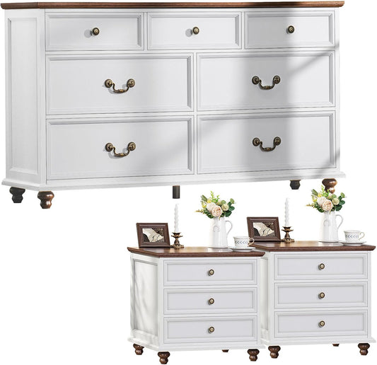 Joaxswe Farmhouse Dresser and Nightstand Sets 3 Piece, Nightstands Set of 2 and 7 Drawers Dresser for Bedroom, 54" Wide and 24" Inch Night Stand Set for Bedroom, Living Room, Hallway