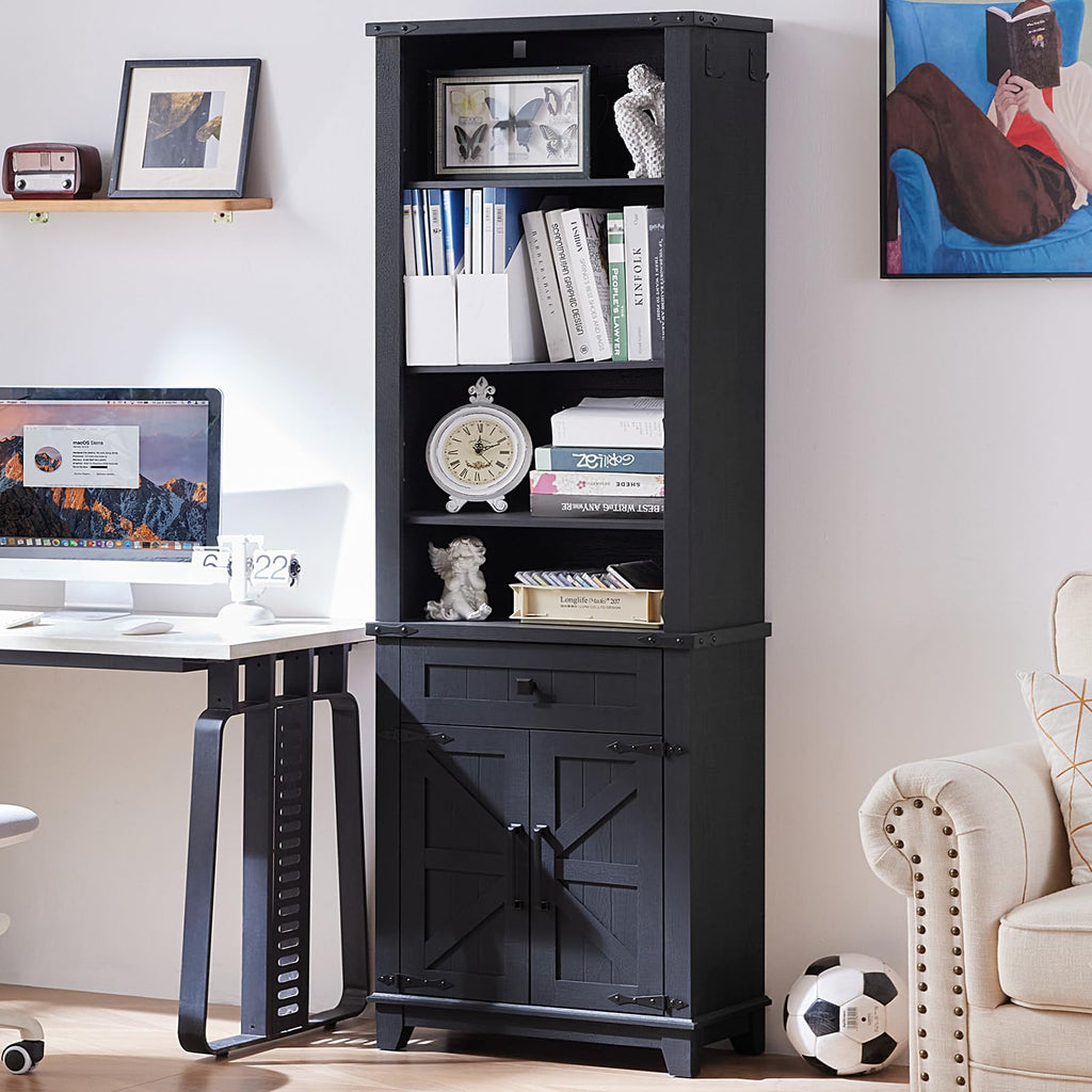 Dark blue farmhouse bookcase with open shelves, cabinet doors, and drawers below