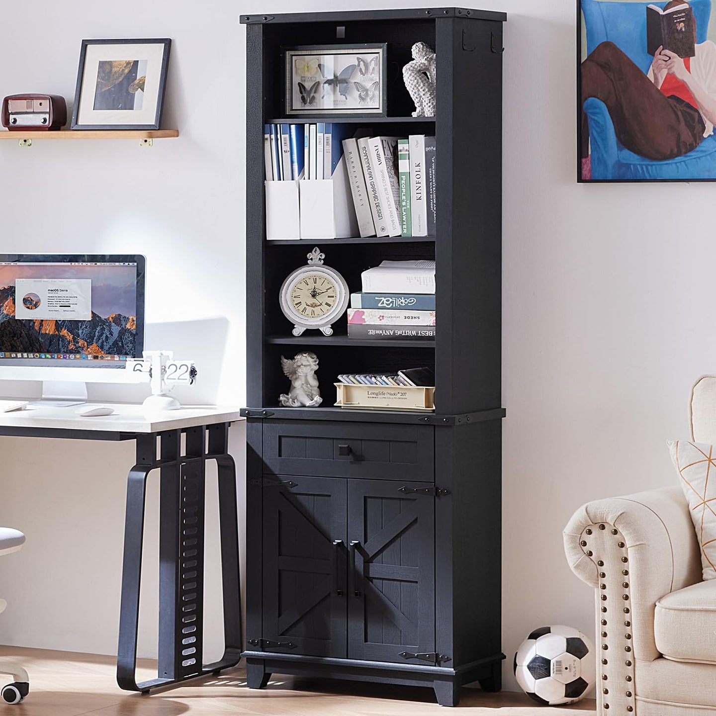 Dark blue bookcase cabinet with shelves, drawers, and barn-style doors