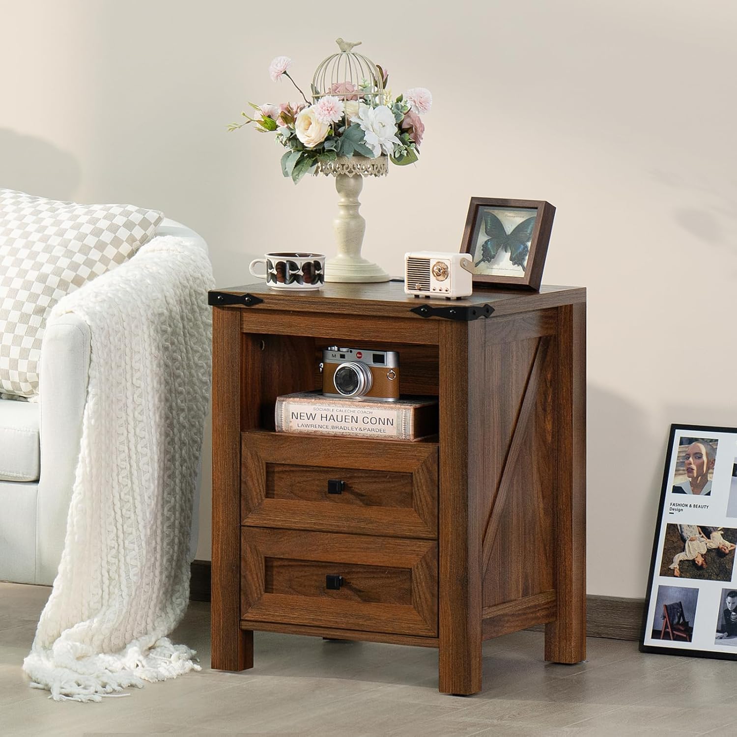 Farmhouse nightstand with two drawers and open shelf, brown wood side table