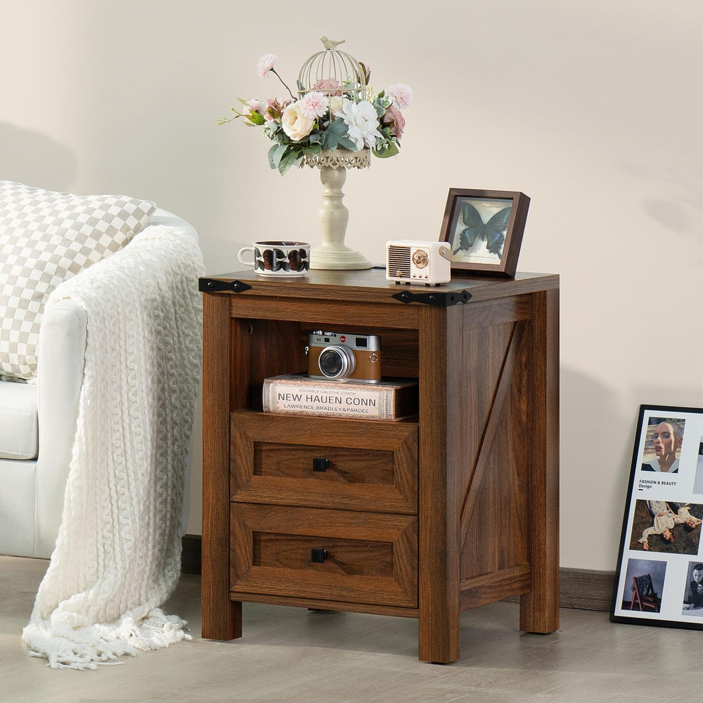 Brown nightstand with two drawers and open shelf, styled with decor on top.