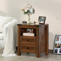 Farmhouse nightstand with 2 drawers and open shelf, dark brown wood and black hardware accents.