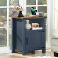 Blue farmhouse nightstand with open shelf, magnetic cabinet door, charging station top
