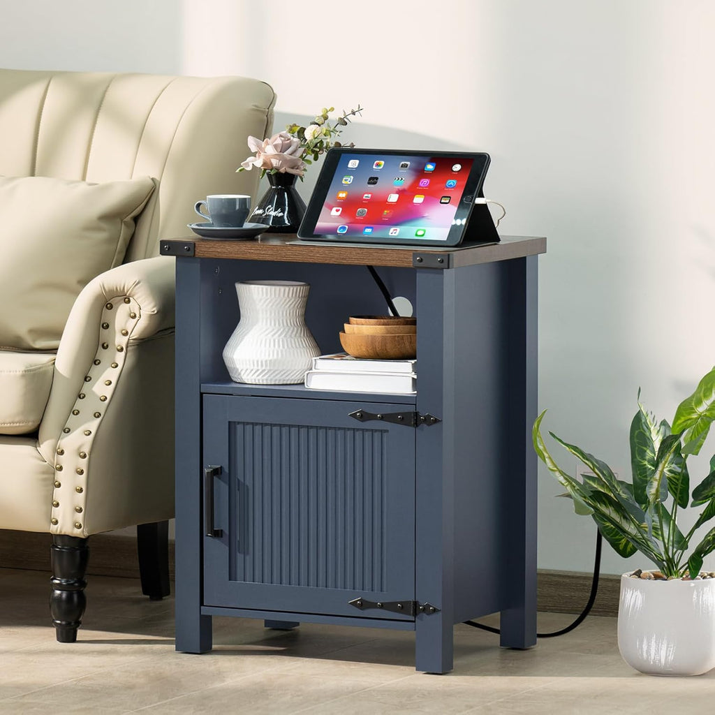 Blue farmhouse end table with wood top, open middle shelf, magnetic cabinet door