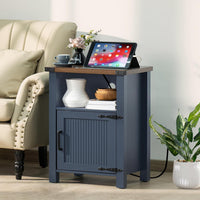 Joaxswe 18-Inch Nightstand with Charging Station and Fluted Door,Dark Blue | 18-inch bedside table with AC and USB charging, open storage and a magnetic fluted door for bedroom essentials