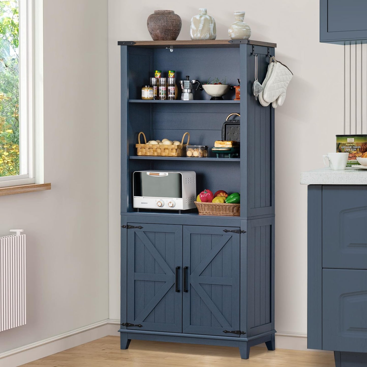 Joaxswe 70in Tall Bookshelf 5 Tier Bookcase with Barn Doors and Adjustable Shelves, Blue Farmhouse Book Shelf with Storage Cabinet, Wood Freestanding Display Bookshelves for Bedroom, Living Room