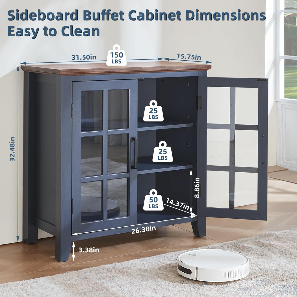 Dark blue sideboard buffet cabinet with two glass doors and adjustable shelves